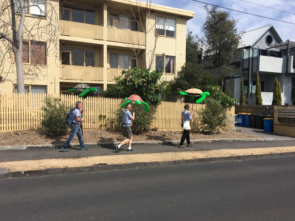 Three turtles on their way to the train station